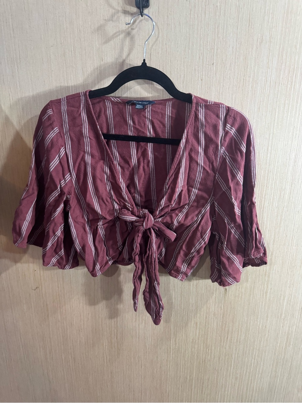 American Eagle Outfitters Rust-Red Stripe Tie-Front Crop Top Size Medium